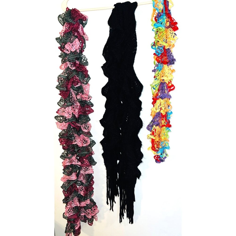 Crochet Knit Ruffle Scarves Set Of 3 Multicolor & Black Lightweight Womens